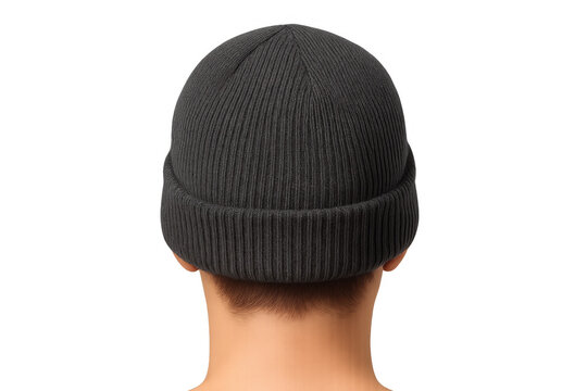 Person wearing gray knitted beanie hat, rear view, head and neck, winter apparel on transparent background
