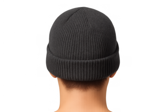 Person wearing gray knitted beanie hat, rear view, head and neck, winter apparel on transparent background