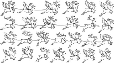 Seamless Christmas Pattern: Vector line art drawing of flying and running reindeer team, harnessed winged Pegasus deer background for coloring books or wrapping paper. © victoria