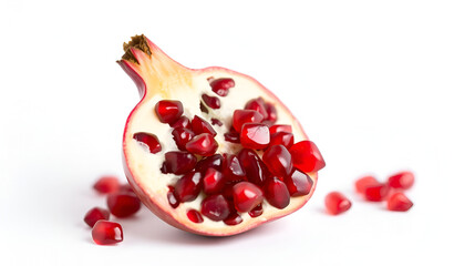 halved pomegranate with glossy red seeds on white background