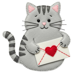 Adorable gray felt cat holding a heartfelt love letter envelope with a red heart
