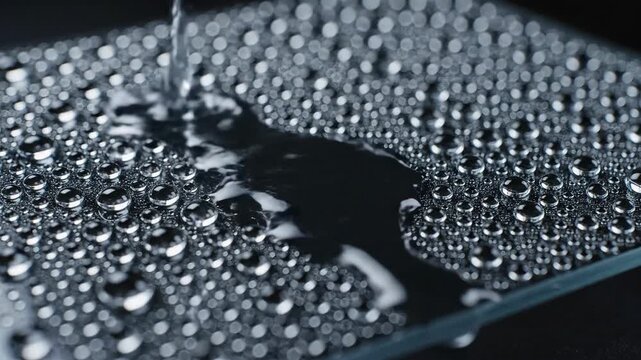 Macro Shot of Water Droplets on a Hydrophobic Surface with Water Stream.