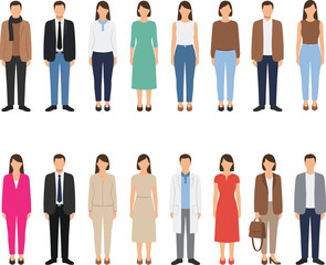 Diverse group of people illustration, business and casual outfits, modern office team vector, professional characters standing together, teamwork concept design