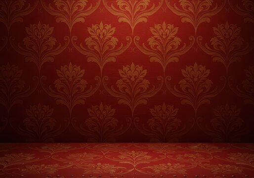 Luxurious vintage red damask wallpaper background featuring detailed shimmering gold floral elements and classical woven texture, wallpaper, rich, damask