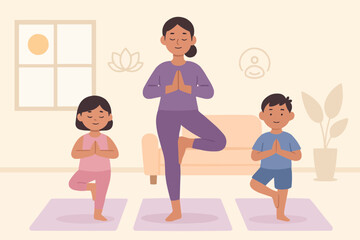 Big Sister Leading Family Yoga Session Flat Vector