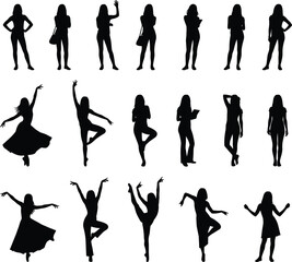 Elegant women silhouettes in various standing, dancing, and fashion poses, perfect for creative design, lifestyle illustration, movement concepts, and artistic projects