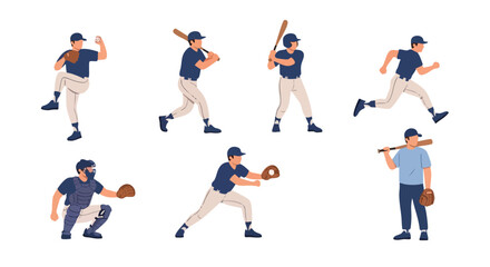 Baseball Players Vector Flat Design &ndash; Sports Action Illustration Set