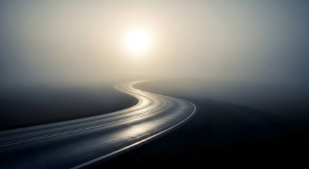 A winding road stretching into the foggy horizon with the sun shining through, creating a mysterious and serene atmosphere