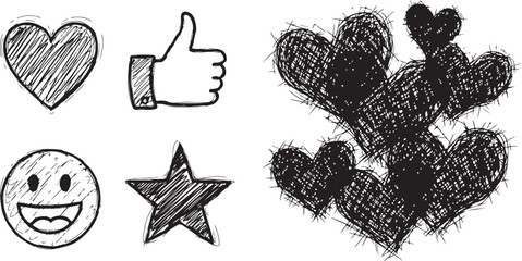 Black and White Hand-drawn Doodle Icons and Scribbled Textured Hearts