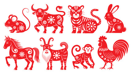 Red Paper Cutouts of Rat, Ox, Tiger, Rabbit, Horse, Goat, Monkey, and Rooster