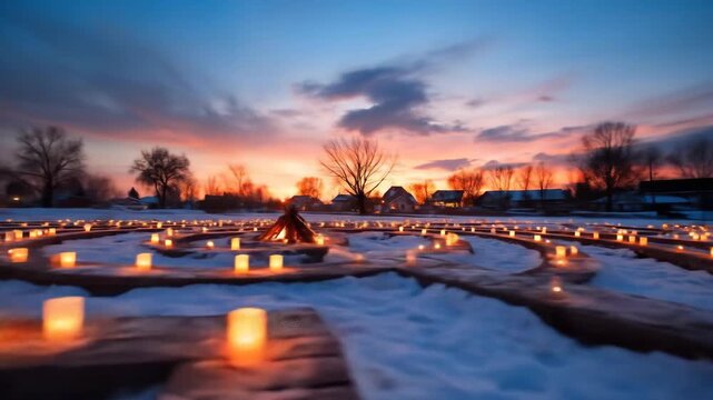 Candlelit labyrinth in winter snow landscape at sunset