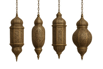 Ornate gold arabic ramadan lanterns with intricate patterns hanging, light decoration and cultural elements on transparent background