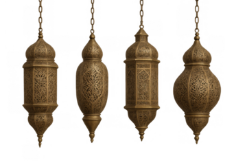 Ornate gold arabic ramadan lanterns with intricate patterns hanging, light decoration and cultural elements on transparent background