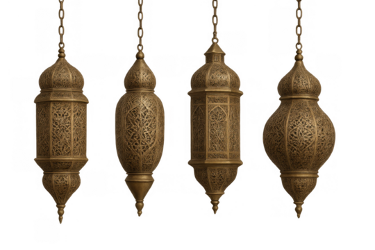 Ornate gold arabic ramadan lanterns with intricate patterns hanging, light decoration and cultural elements on transparent background