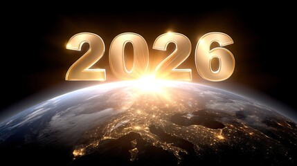 Golden Number 2026 Rising Above Earth with Beautiful Sunrise and City Lights in the Background, Symbolizing New Beginnings and Optimism for the Year Ahead