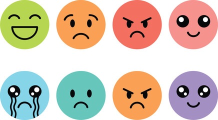 Cute colorful emotion emoji faces set, happy sad angry crying expressions, round cartoon icons, expressive character moods, vector illustration pack