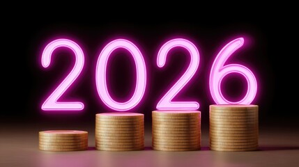Bright Neon 2026 Number with Gold Coins Stacked in a Dark Background, Symbolizing Prosperity and Future Financial Growth Concept