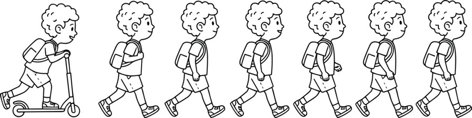 Naklejka premium Cute walking cycle boy illustration with backpack, child character animation sequence, line art school kid walking and riding scooter for designs