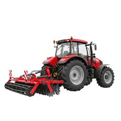 Obraz premium Red tractor with cultivator isolated on transparent background for agriculture