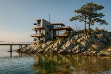 Modern coastal house built on rocky shoreline at sunset