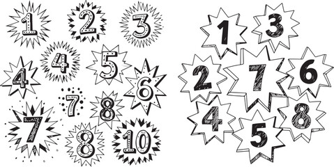 Hand-drawn Numbers One to Ten in Starburst Shapes