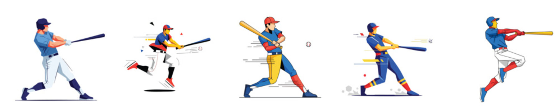 Dynamic Flat Design Baseball Player Collection in Various Hitting Poses Vector Illustration