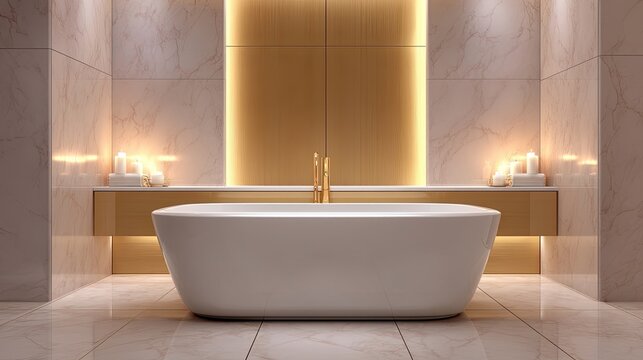 Elegant modern bathroom interior featuring a white freestanding bathtub, marble walls, ambient lighting, and stylish candle arrangements for relaxation