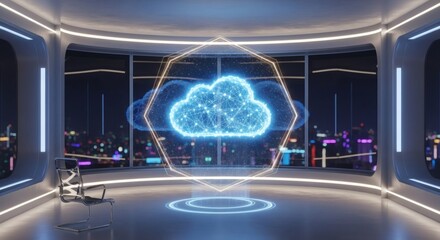 Cloud Computing Concept In Futuristic Meeting Room With City View