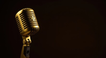 Fototapeta premium A high quality studio close-up shot of a classic golden condenser microphone resting on a stand against a neutral background, microphone, excellence, voice