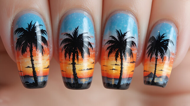 Sunset palm tree nail art design.