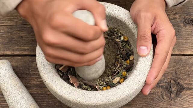 Grinding herbal ingredients kitchen tutorial video rustic setting overhead view natural remedies