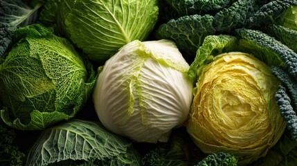 Fresh cabbages in varying colors, arranged close together, forming a leafy texture