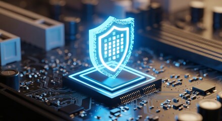 Cybersecurity Shield Icon Glows On Modern Computer Motherboard