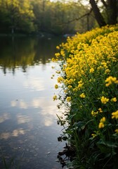 Vibrant yellow blossoms clustered densely along the calm shoreline of a pristine lake, reflecting the bright sunlight and peaceful natural surroundings, blossoms, water, nature