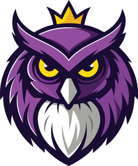 Vibrant purple owl mascot wearing a royal golden crown, embodying wisdom, leadership, and a powerful, regal presence in a bold illustrative style