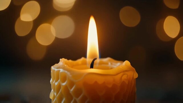Macro cinematic video of a single candle flame gently flickering, wax detail visible, soft bokeh lights in background, warm tones.