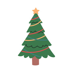 Cute vector illustration of a decorated Christmas tree with colorful ornaments and a star on top. Simple festive holiday design, perfect for greeting cards, stickers, promo and seasonal decorations