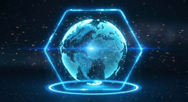 Digital Earth Globe Encased In A Technological Futuristic Hexagon Frame