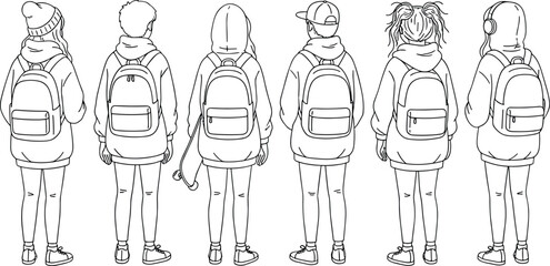 students with backpacks illustration, teens from behind, school kids line art, youth group drawing, backpackers vector outline
