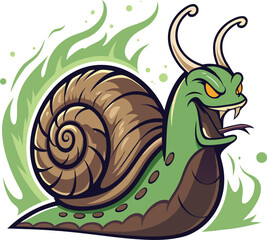 Vicious Green Snail Illustration with Glowing Aura and Ferocious Expression, a Symbol of Unexpected Power
