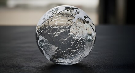 A cracked and weathered globe sculpture resting on a dark surface, symbolizing environmental issues and global challenges faced by the planet today