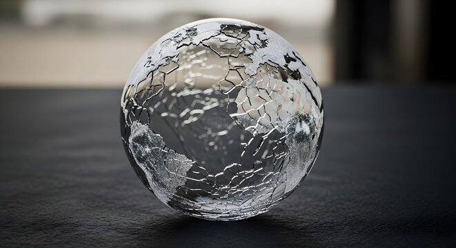 A cracked and weathered globe sculpture resting on a dark surface, symbolizing environmental issues and global challenges faced by the planet today