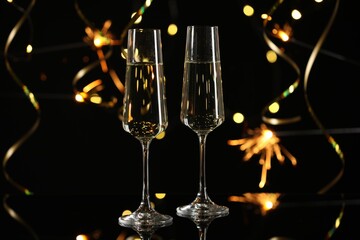 Happy New Year. Sparkling wine in flute glasses against sparklers and blurred lights on black background, bokeh effect