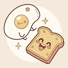 Happy Fried Egg and Toast Characters in Kawaii Style breakfast food