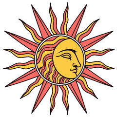 Stylized Sun Face with Coral and Yellow Rays on White Background Keywords: sun, face, celestial