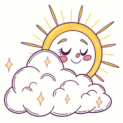 Cute Cartoon Sun Peeking From Behind a Cloud with Sparkles happy