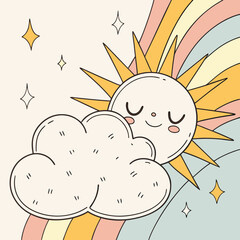 Groovy Retro Sun and Cloud with Rainbow and Stars vector illustration