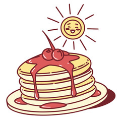 Stack of Pancakes with Cherries and Syrup and a Happy Sun breakfast food