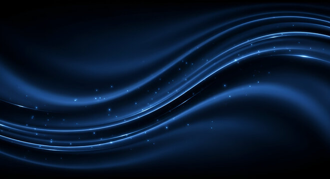 Elegant dark blue background with glowing light trails and subtle sparkle