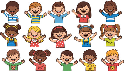 Cartoon children, diverse kids, smiling faces, waving hands, colorful clothes, cheerful pose, flat vector, cad drawing, playful theme, happy illustration, 